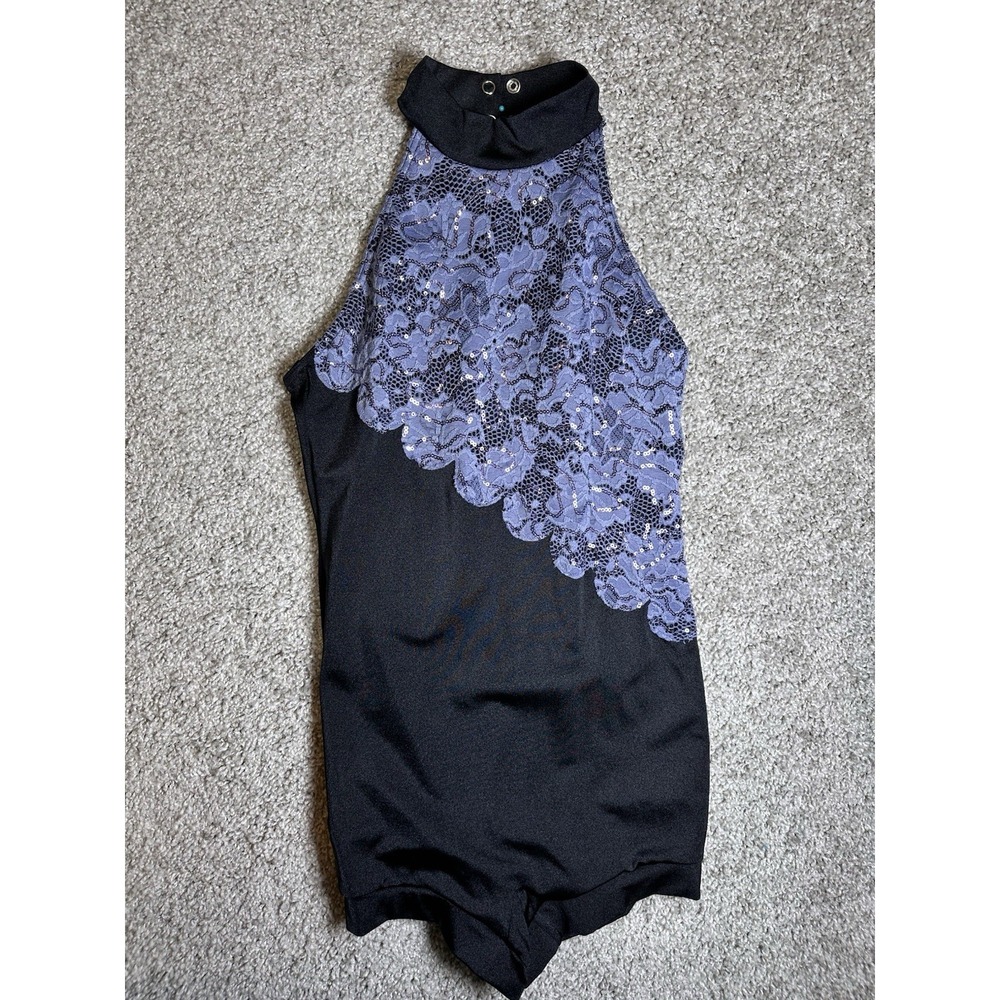 Weissman LC Large Child Black Purple Sequin Lace Dance Costume Biketard